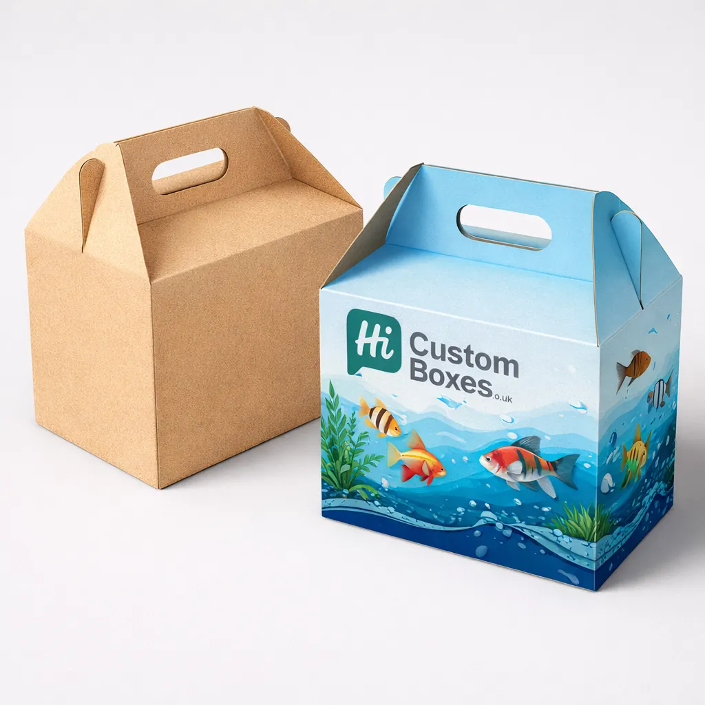 Two white gable boxes with integrated handles, featuring blue wave patterns and orange fish illustrations. class=